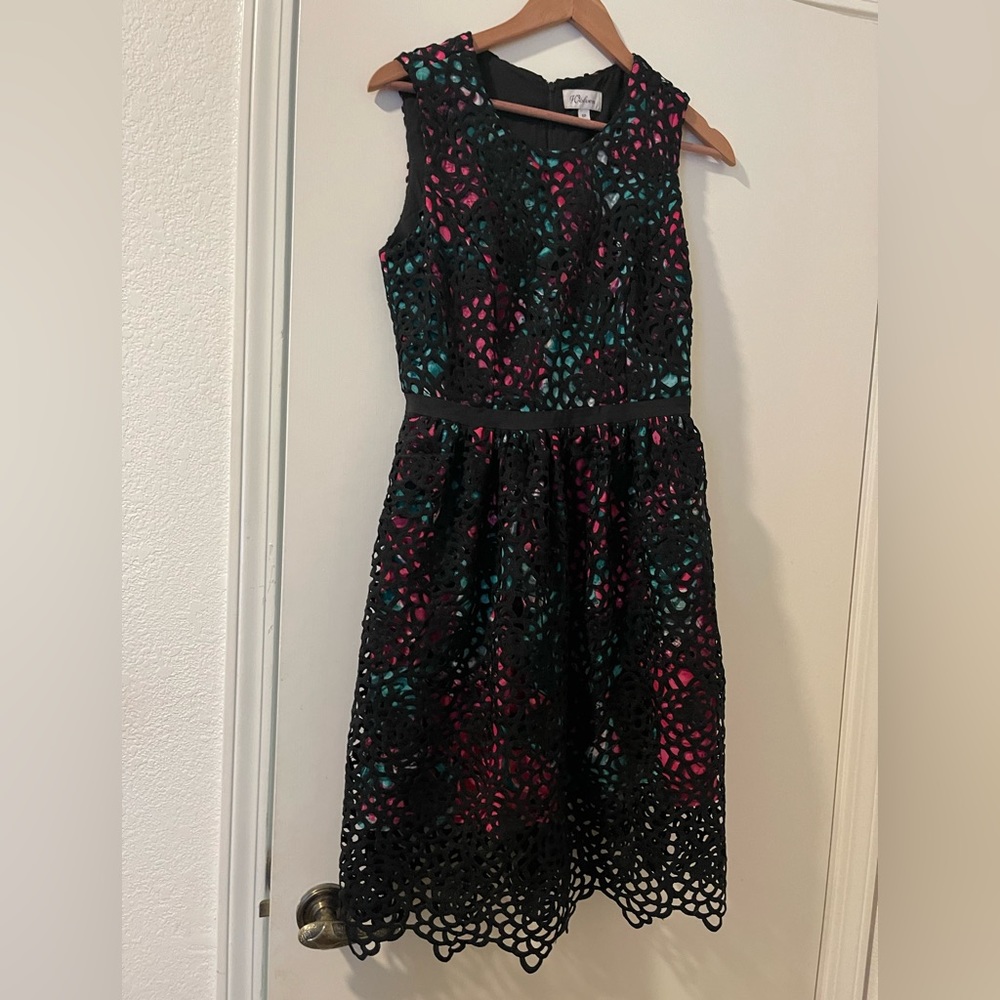 NWOT Anthropologie Wohen Black Lace Cocktail Dress with Blue/Green underlining